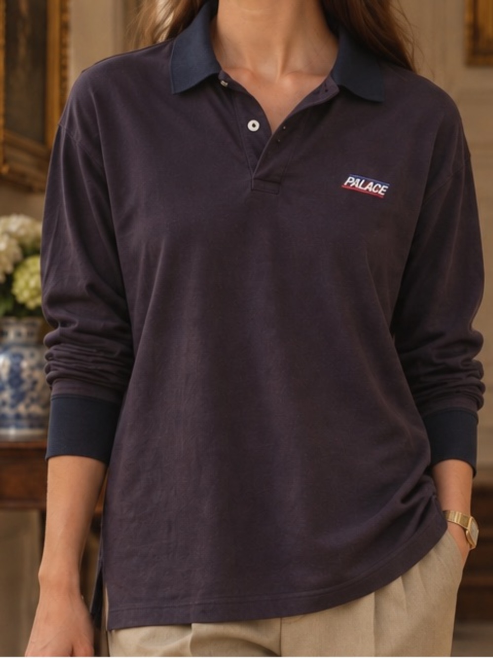 PALACE Long-Sleeve Polo Shirt in Navy with Black Collar